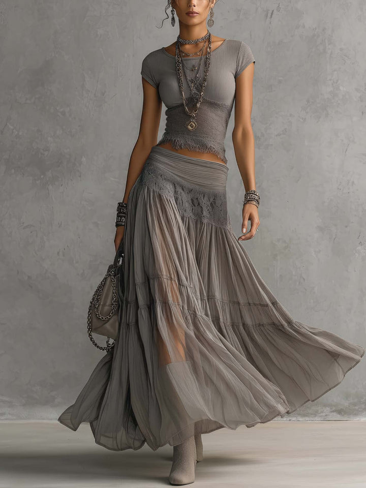 Elena Paneled Top and Pleated Maxi Skirt Set