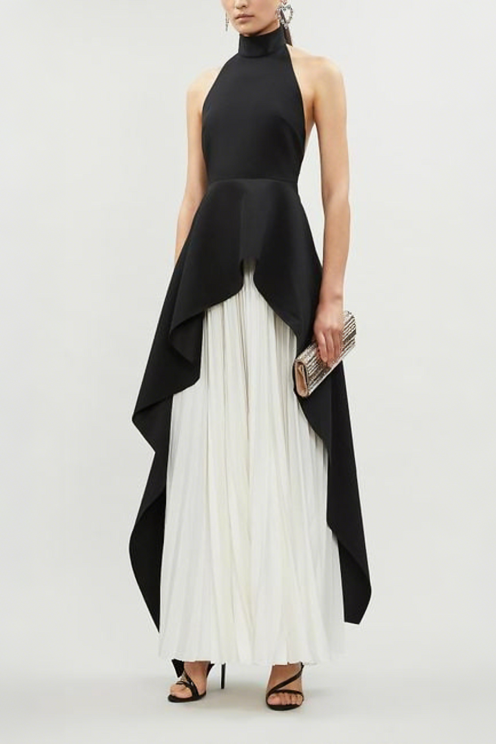 BANDAGE HIGH NECK PLEATED PEPLUM MAXI DRESS