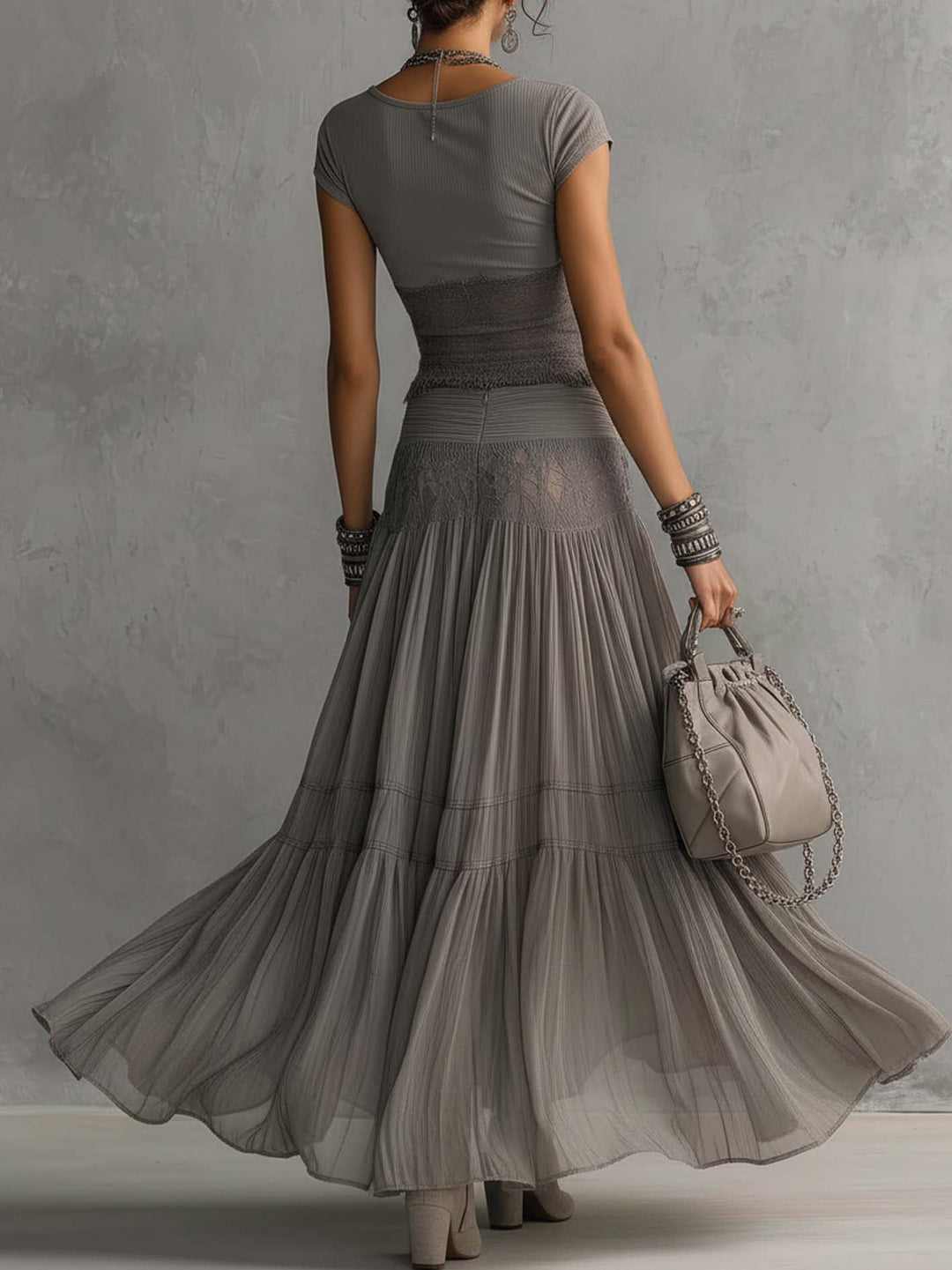 Elena Paneled Top and Pleated Maxi Skirt Set
