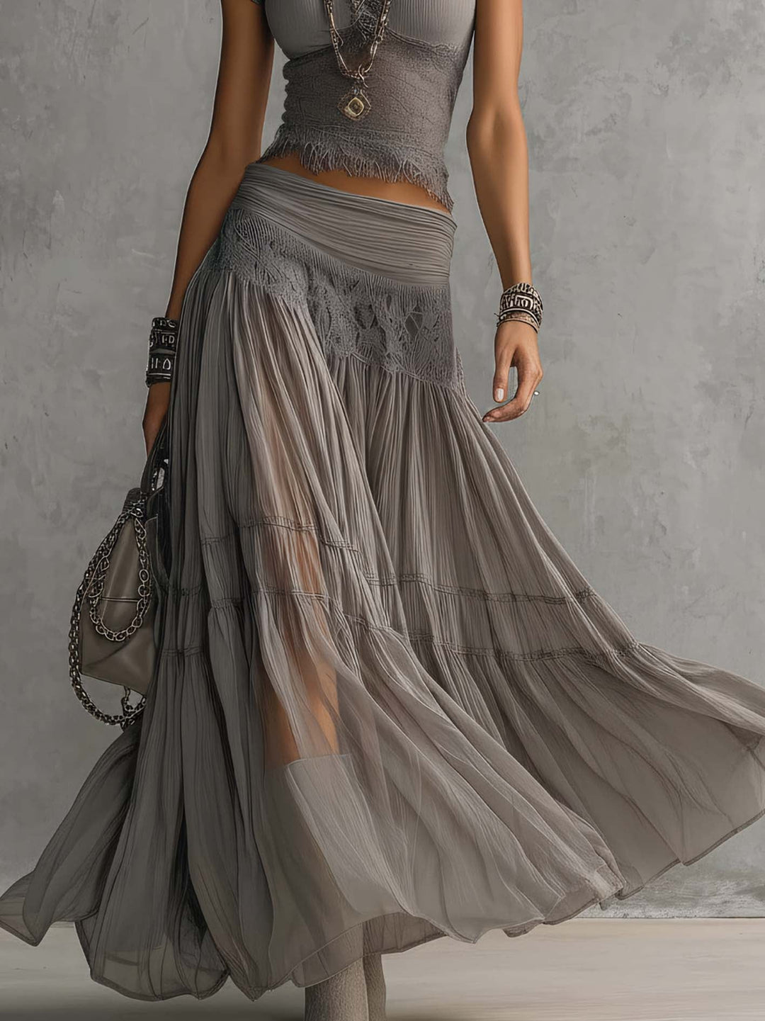 Elena Paneled Top and Pleated Maxi Skirt Set