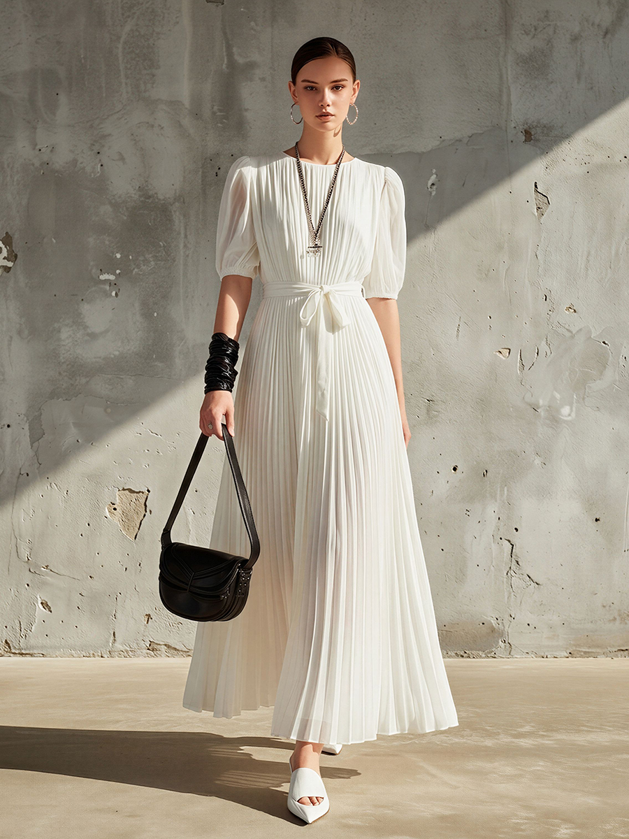 Noëlle™ | Abito Maxi Pieghettato Bianco in Chiffon da Donna con Maniche a Palloncino e Fiocco in Vita