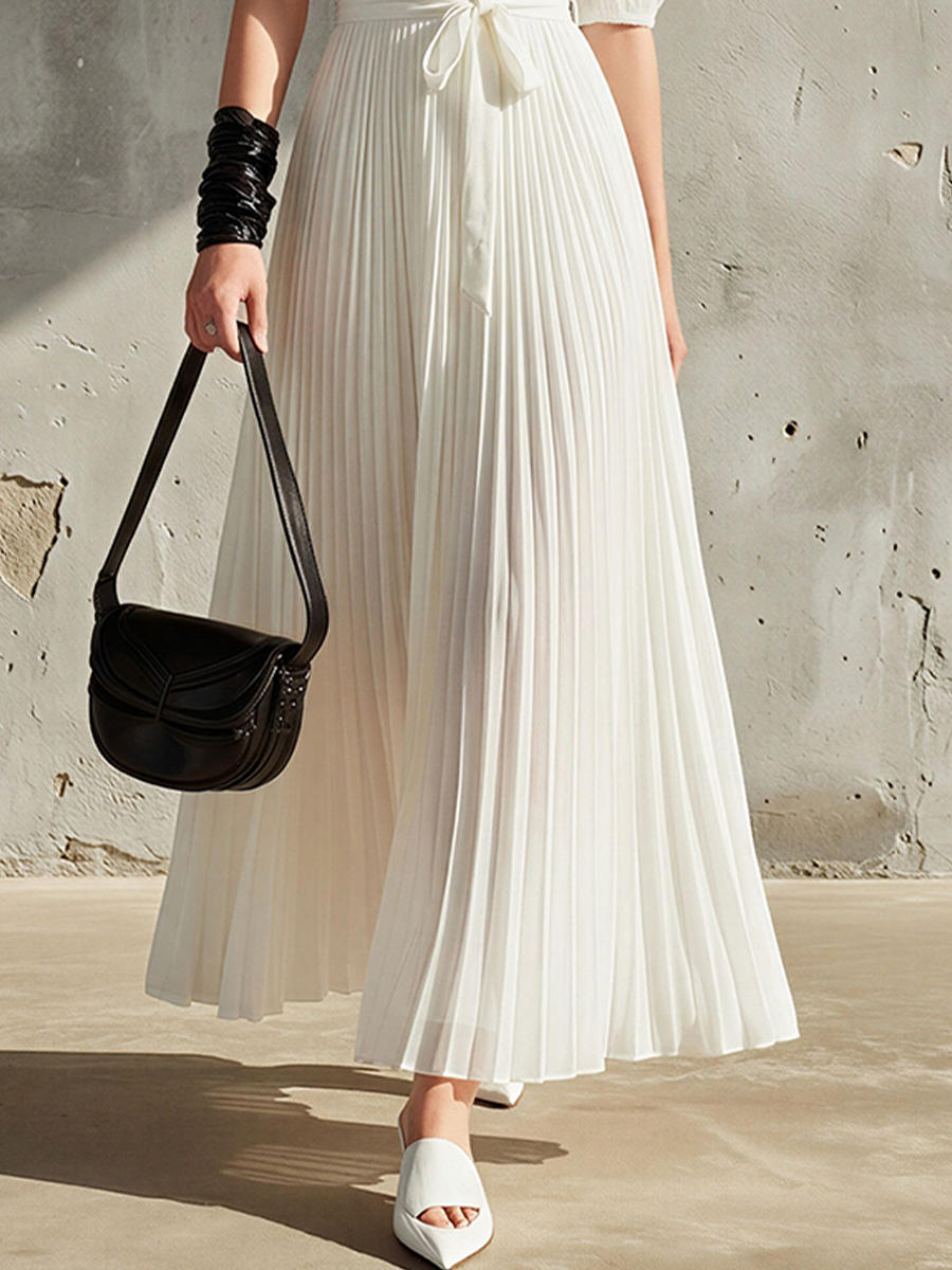 Noëlle™ | Abito Maxi Pieghettato Bianco in Chiffon da Donna con Maniche a Palloncino e Fiocco in Vita