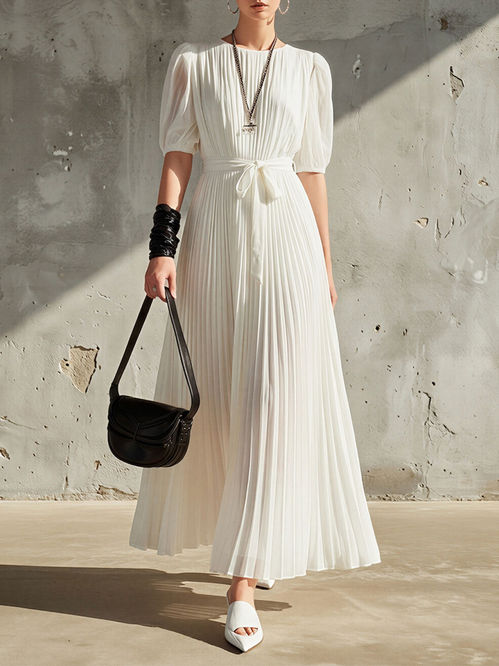 Noëlle™ | Abito Maxi Pieghettato Bianco in Chiffon da Donna con Maniche a Palloncino e Fiocco in Vita