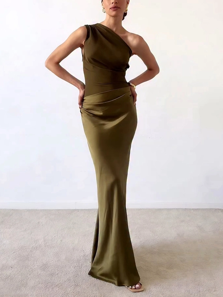 Laura | Abito lungo da sera elegante monospalla con pieghe