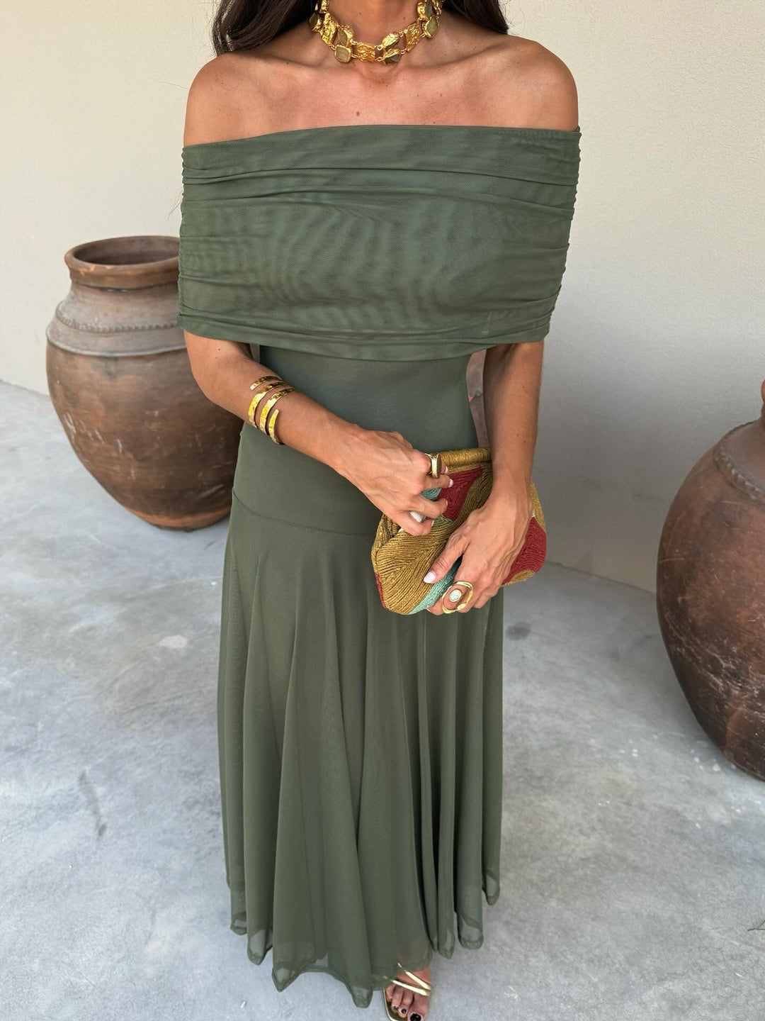 VICTORIA | OFF-SHOULDER PLEATED MAXI DRESS