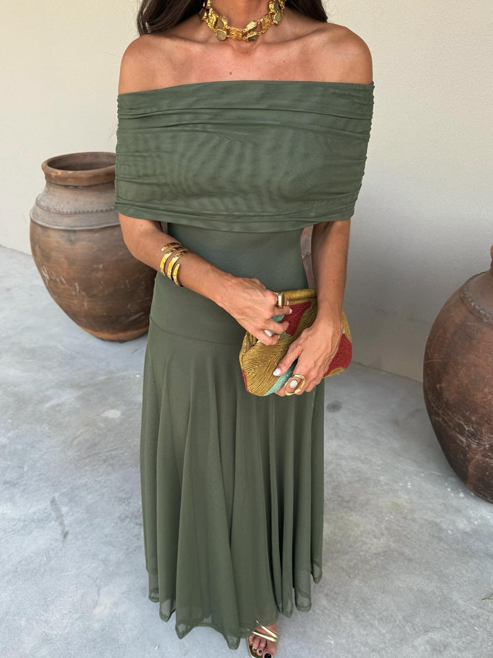 VICTORIA | OFF-SHOULDER PLEATED MAXI DRESS