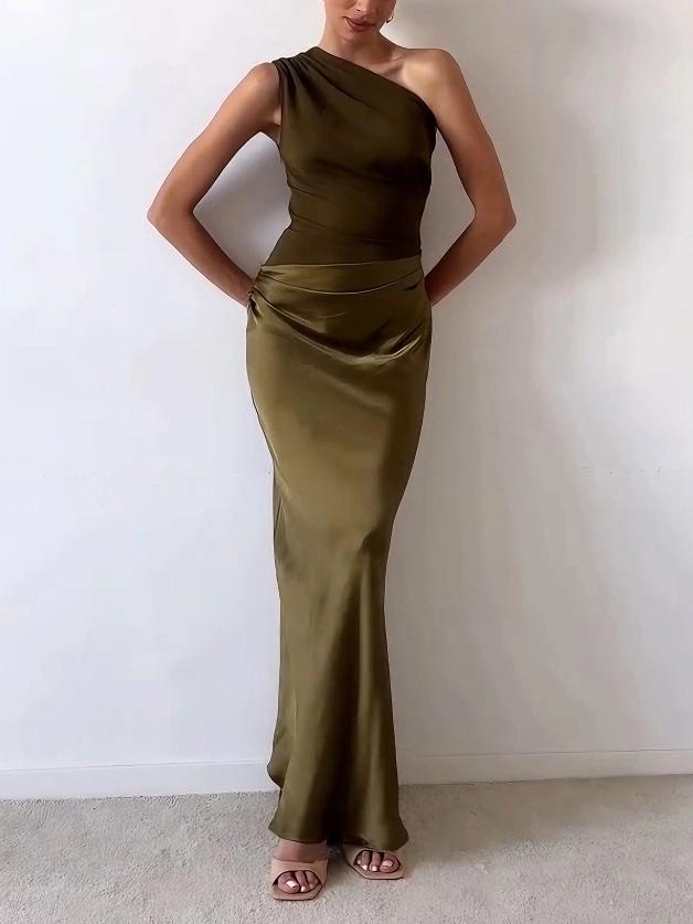 Laura | Abito lungo da sera elegante monospalla con pieghe