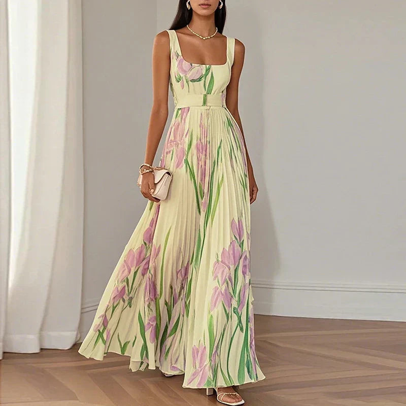 Araminta | Pleated Maxi Dress with Iris Floral Pattern