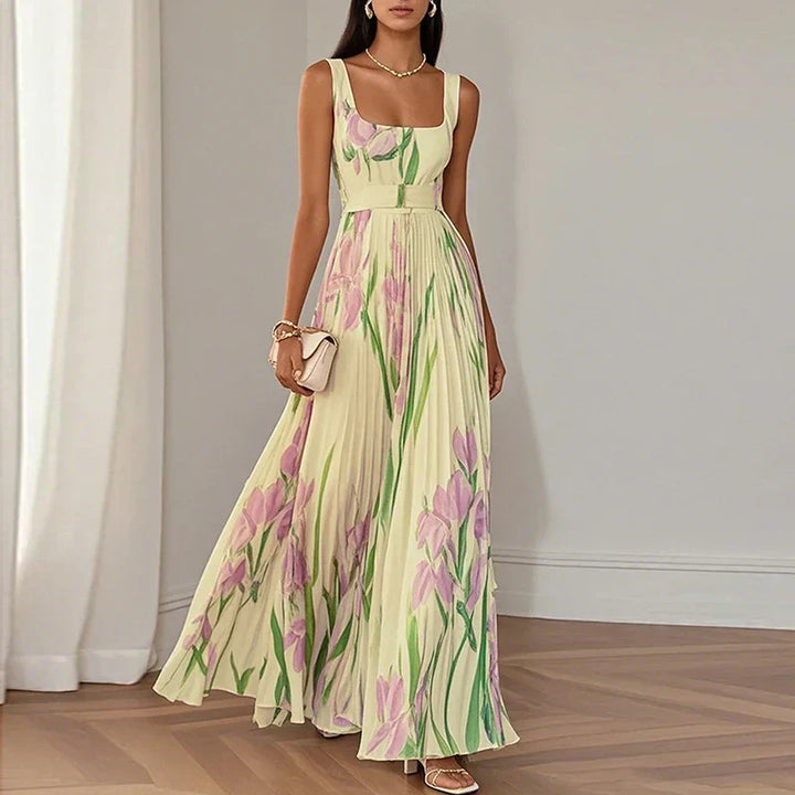 Araminta | Pleated Maxi Dress with Iris Floral Pattern