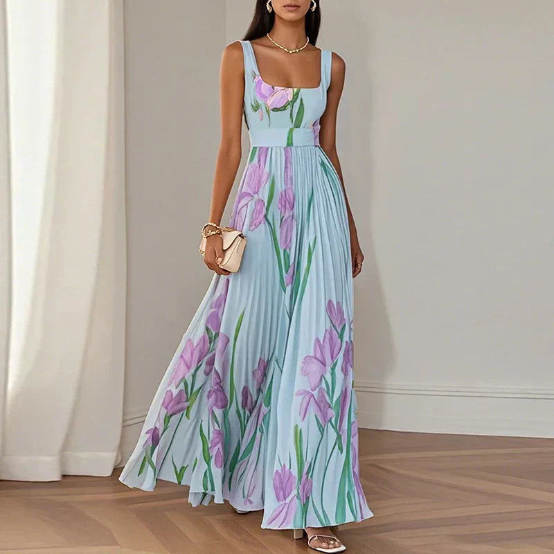 Araminta | Pleated Maxi Dress with Iris Floral Pattern