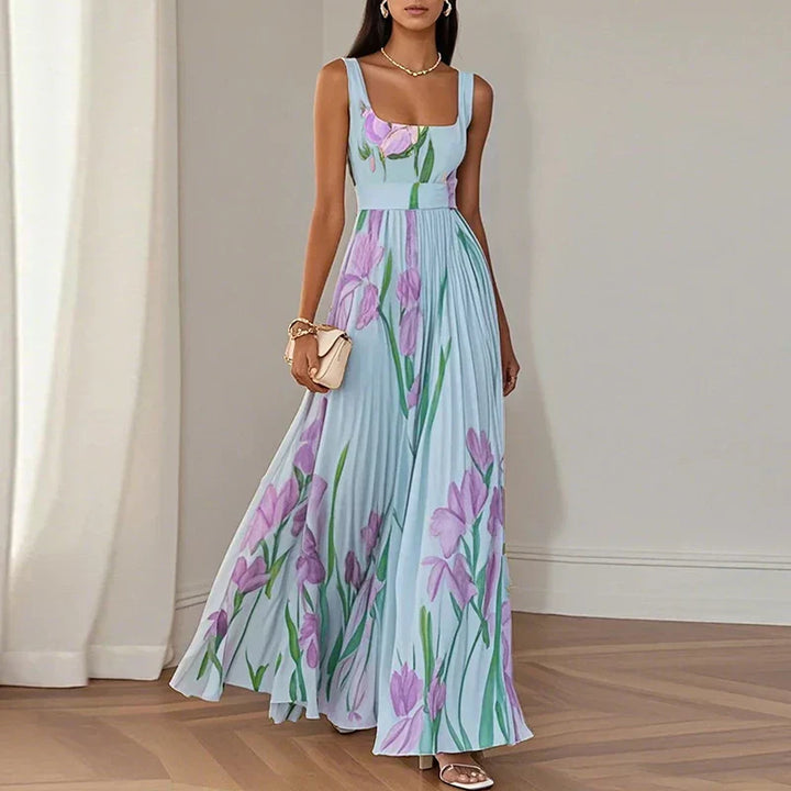 Araminta | Pleated Maxi Dress with Iris Floral Pattern