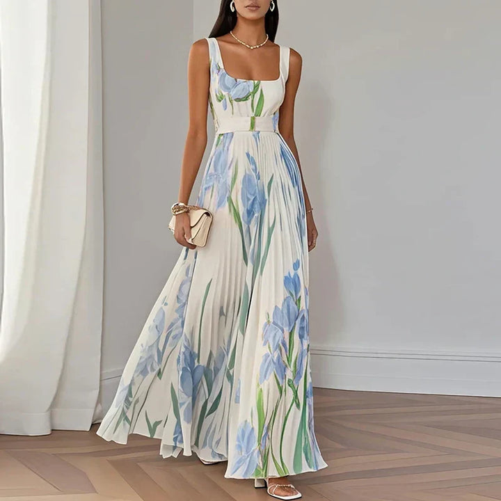 Araminta | Pleated Maxi Dress with Iris Floral Pattern