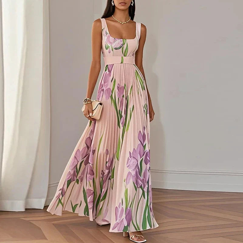 Araminta | Pleated Maxi Dress with Iris Floral Pattern