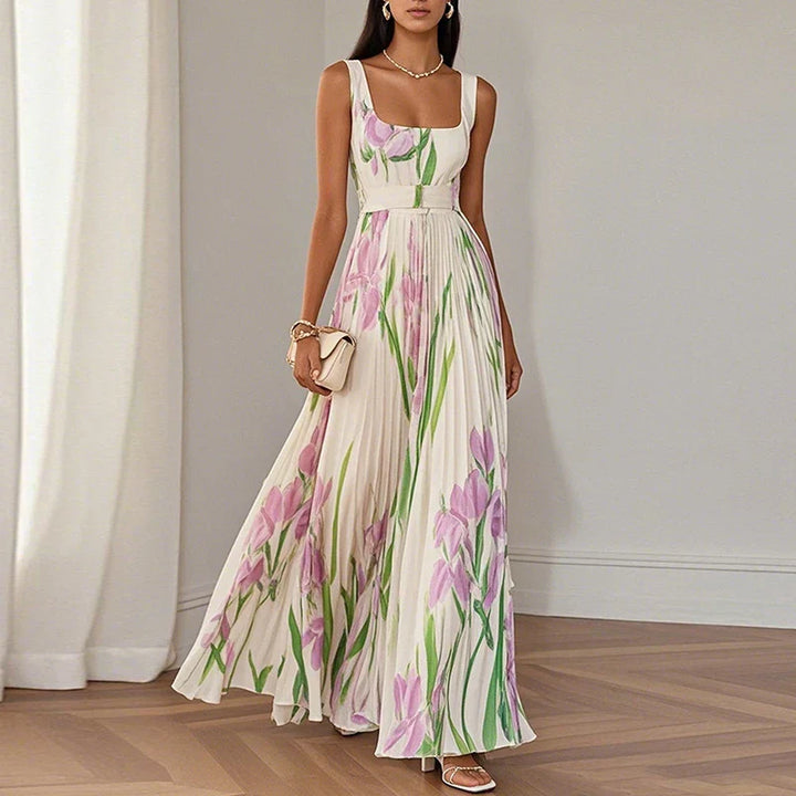 Araminta | Pleated Maxi Dress with Iris Floral Pattern