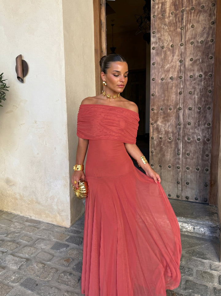 VICTORIA | OFF-SHOULDER PLEATED MAXI DRESS