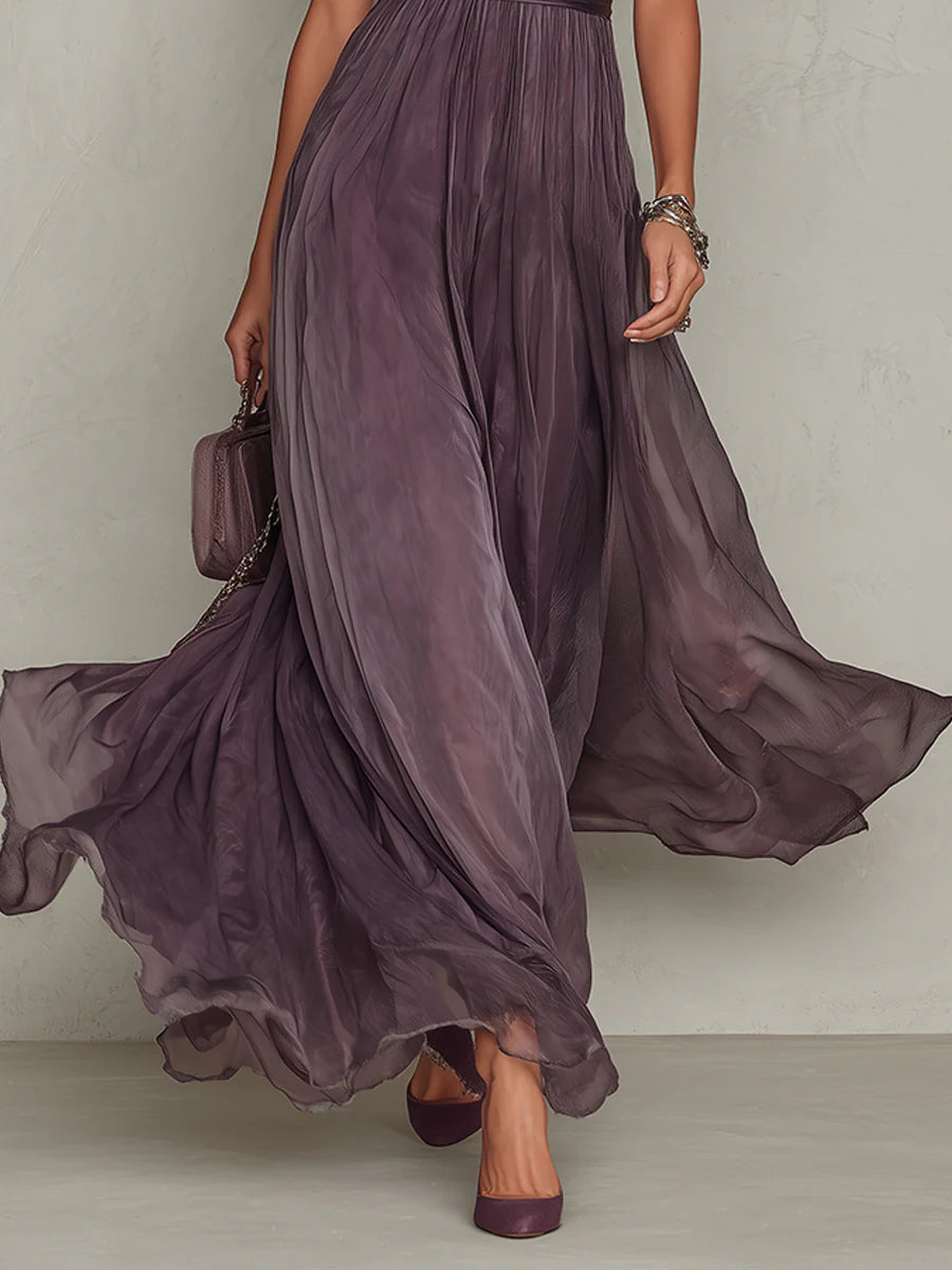 Flavia | Elegante Maxi Dress in Chiffon Viola con Keyhole
