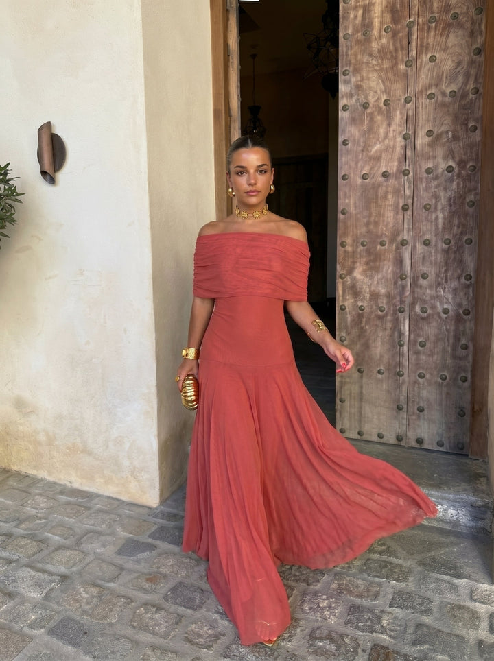 VICTORIA | OFF-SHOULDER PLEATED MAXI DRESS