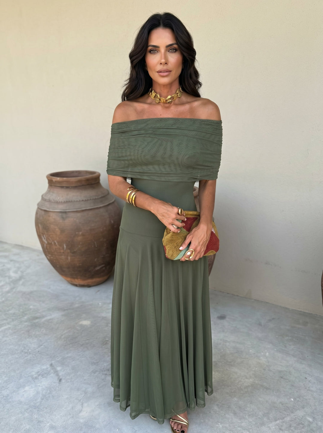 VICTORIA | OFF-SHOULDER PLEATED MAXI DRESS