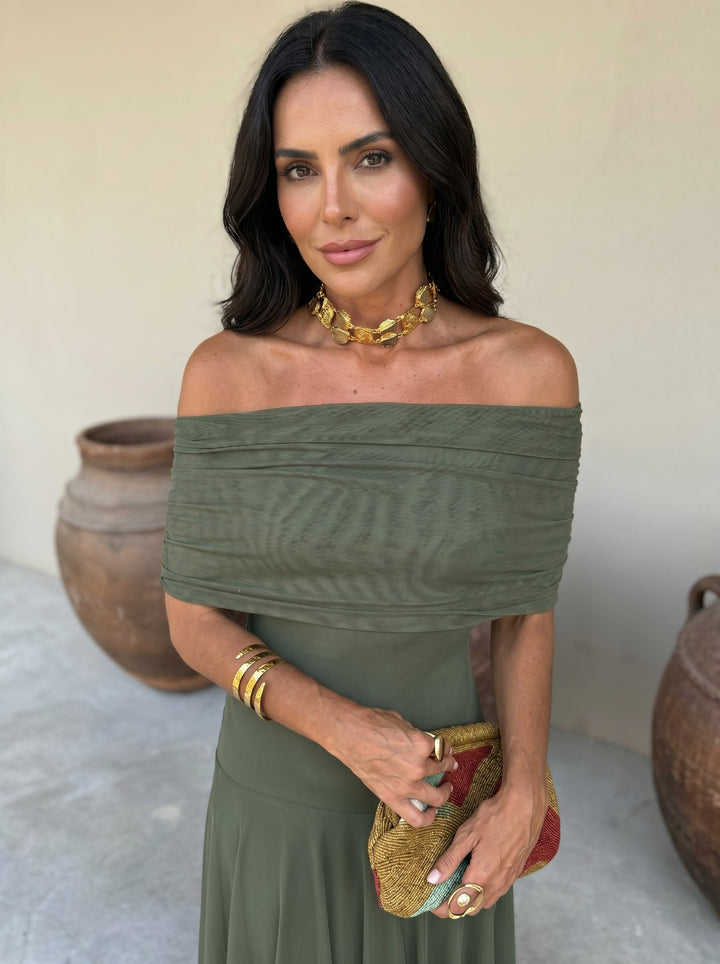 VICTORIA | OFF-SHOULDER PLEATED MAXI DRESS
