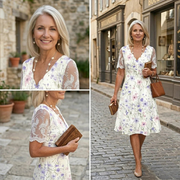 Eleanor™ | Lace Sleeve Floral Print Midi Dress