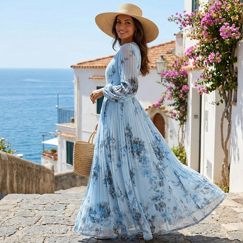 Nora - Elegant Light Blue Floral Maxi Dress