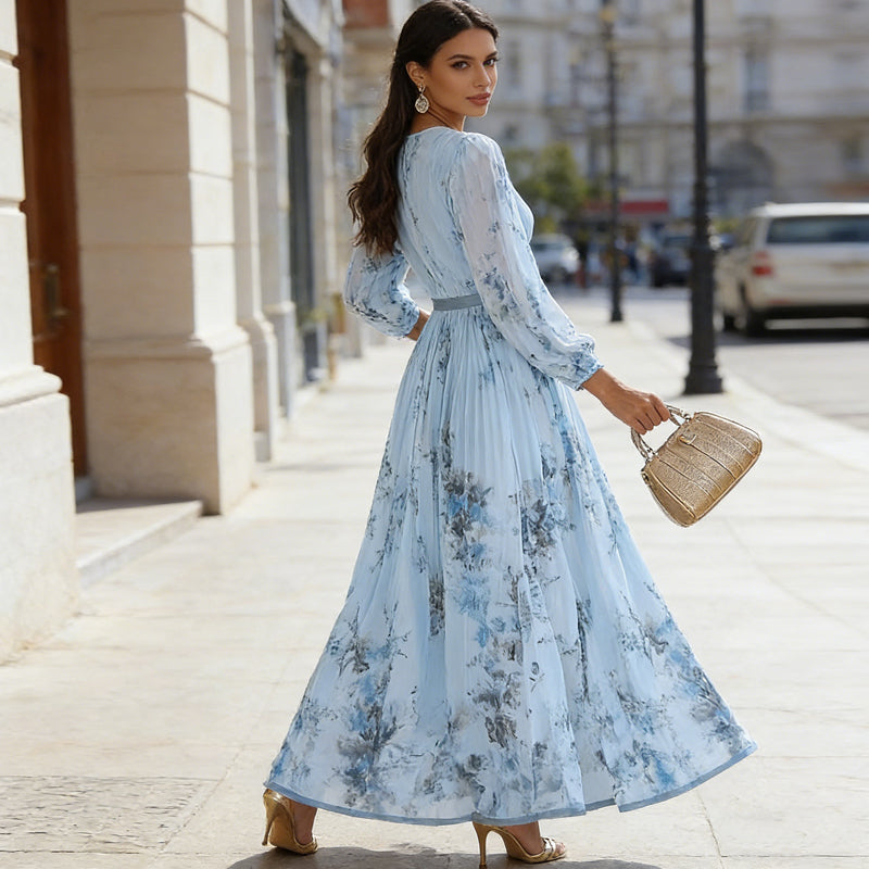 Nora - Elegant Light Blue Floral Maxi Dress